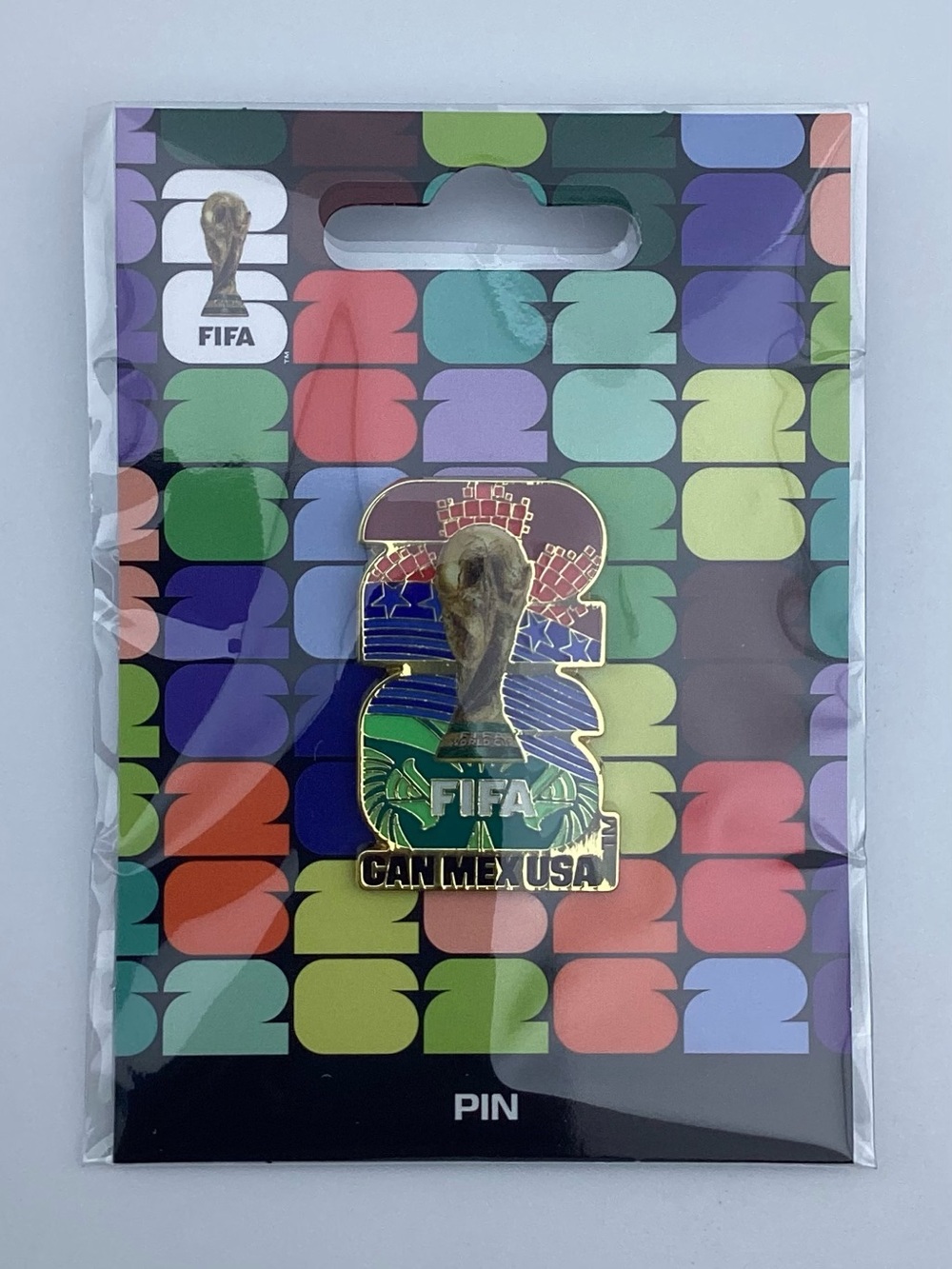 Official FIFA World Cup 2026 CAN MEX USA Gold and Multicolor Enamel Lapel Pin